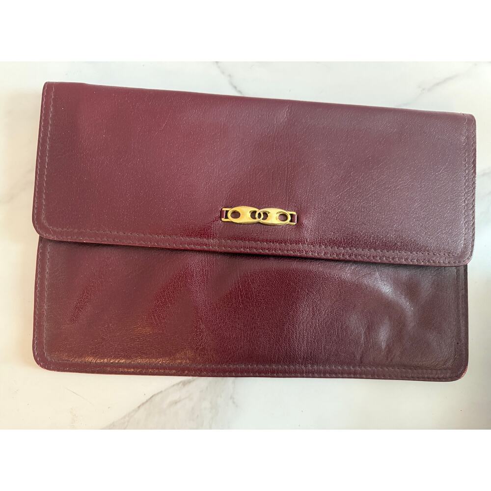 Vintage Genuine Leather Burgundy Clutch Bag with Gold Hardware Made in Italy